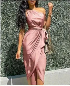 2025 Summer Women Sexy One Shoulder Satin Asymmetrical Ruched Midi Party Dress.