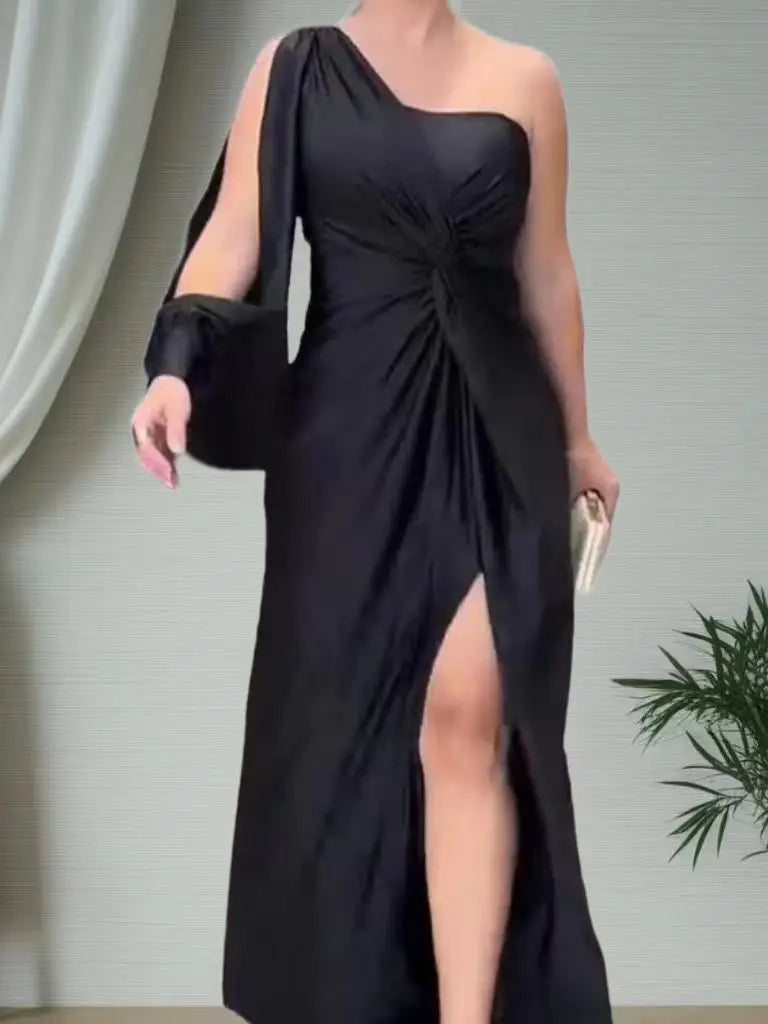 Women's Sexy Party Spring Summer New Skew Collar Fashion Maxi Dress One Shoulder Ladies Dress.  S-3X