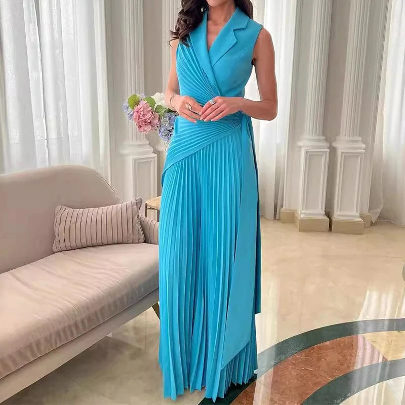 High Waist Sexy Sleeveless Pleated Jumpsuit Fashion Solid Colour Wide Leg.  S-2X