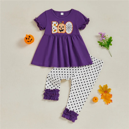 Toddler Baby Girl Halloween Outfit Pumpkin Letter Embroidery Short Sleeve Babydoll Tops Dot Ruffled Long Pants 2Pcs Set.