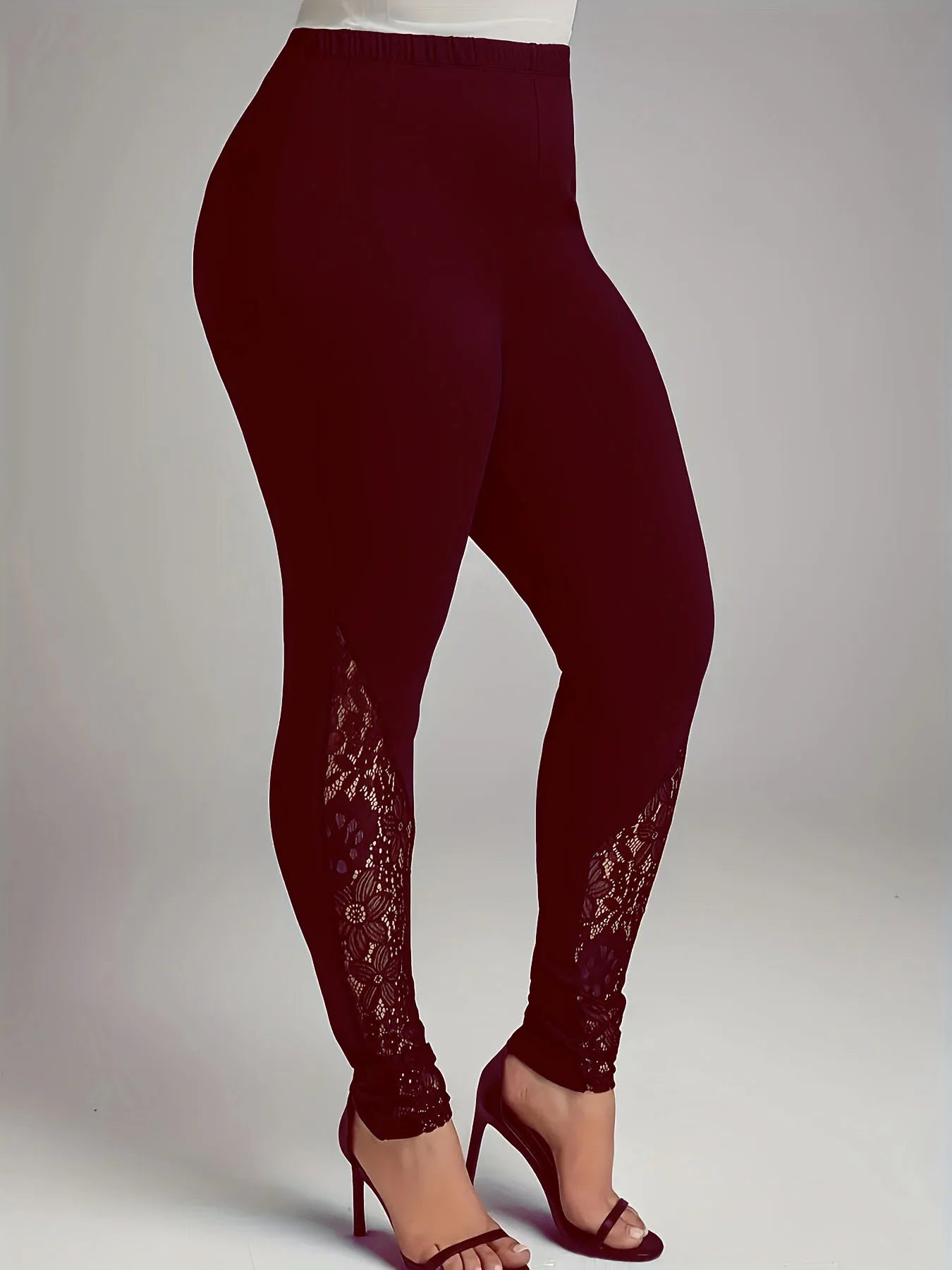 Plus size  Women's leggings with lace patchwork and contrasting hollow out design, slim fit and slimming pants.  L-8x