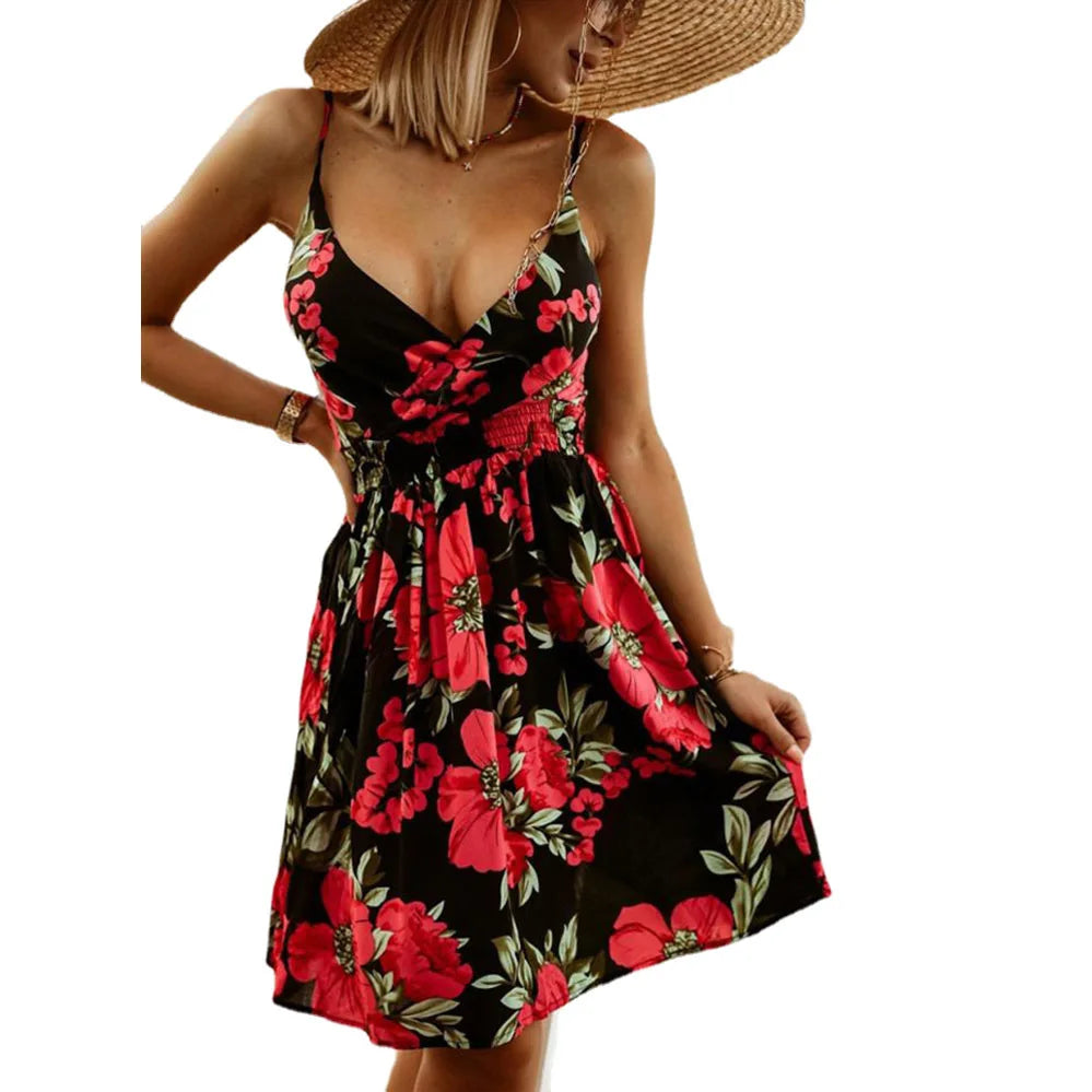 Flower Print Spaghetti Strap Dress Women Fashion Sexy V-neck Short Dress Trendy Vacation  Casual Dress.  S-3x