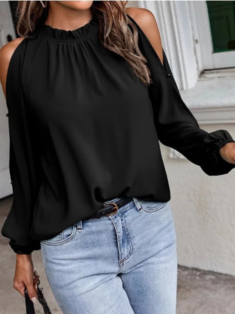 Off Shoulder Sexy Pleated Long Sleeved Solid Color Round Neck Women's Elegant Versatile Blouse