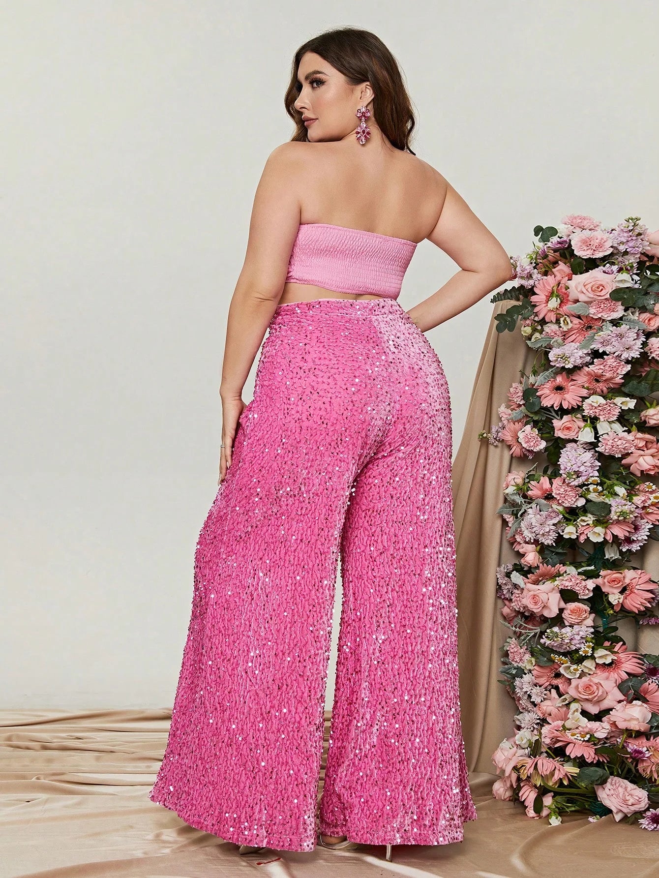 Plus Size Tube Top 3D Flower and Sequin Suit