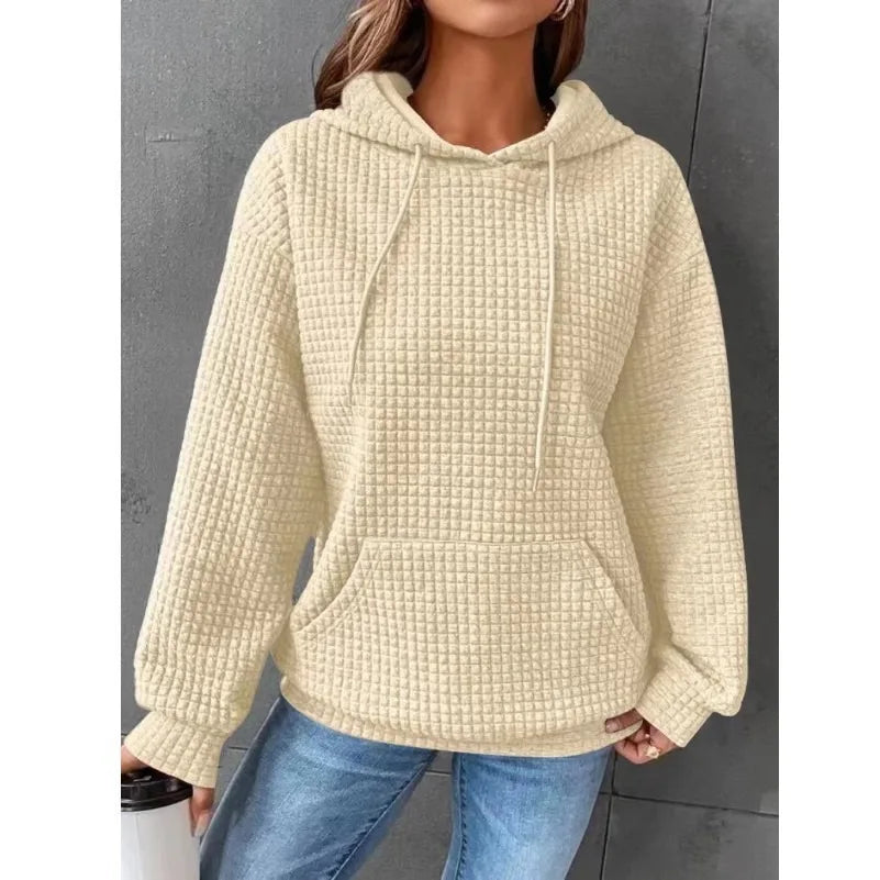 Women's hooded sweatshirt spring and autumn style waffle fashion beautiful solid color hooded drawstring loose sweatshirt.  S-2XL