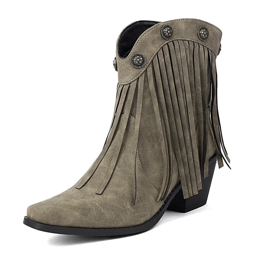 Cowboy Short Boot For Women PU New Tassel Chunky Heel Western Fashion Slip-on  Boots
