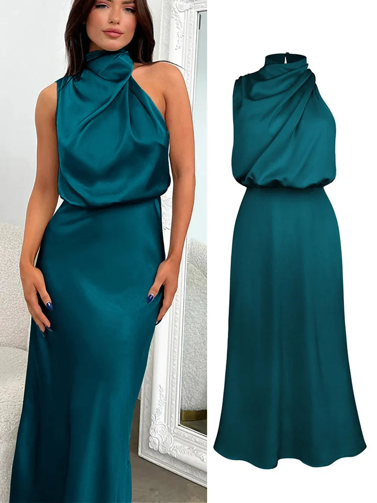 Summer High-End Silk Satin Long Dress Women Fashion Elegant Celebrity Evening Dress.  S-XL
