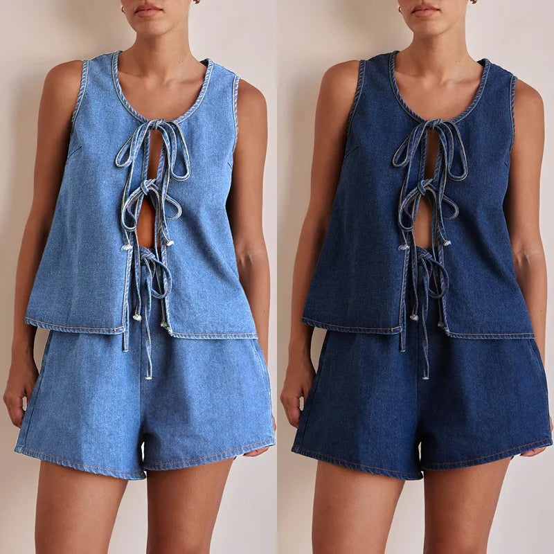 Denim 2 Piece Casual 2025 Sleeveless Tank Top Lace Up High Waist Shorts Suit.  S-XXL