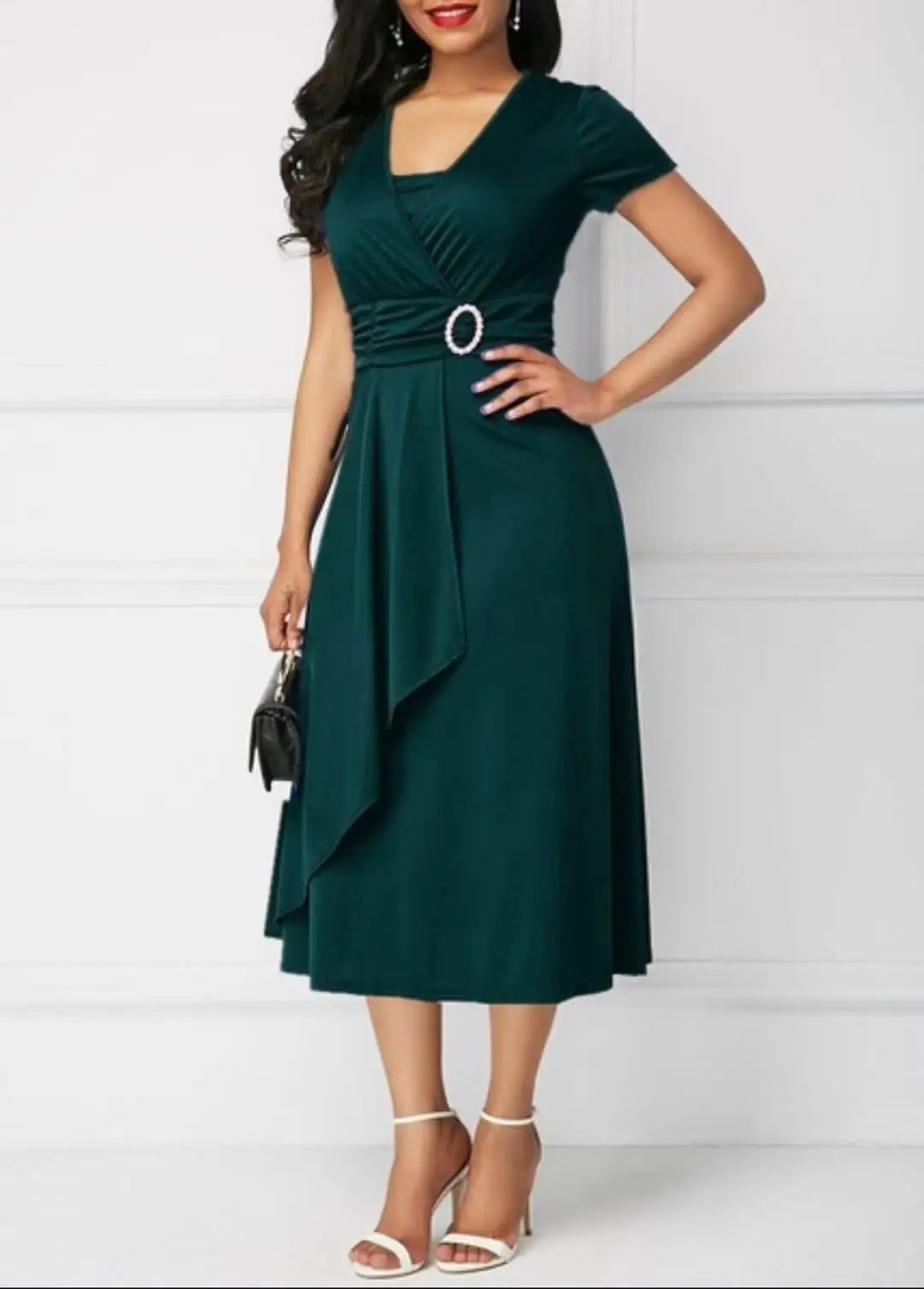 Elegant Women Solid Colour Short Sleeve V Neck Midi Party Dress.  S-5X