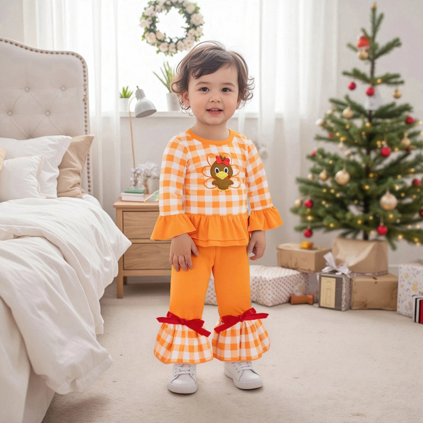 Toddler Girls Thanksgiving Clothes Sets Long Sleeve O Neck Turkey Embroidery Tops Flared Pants Sets Children Clothing