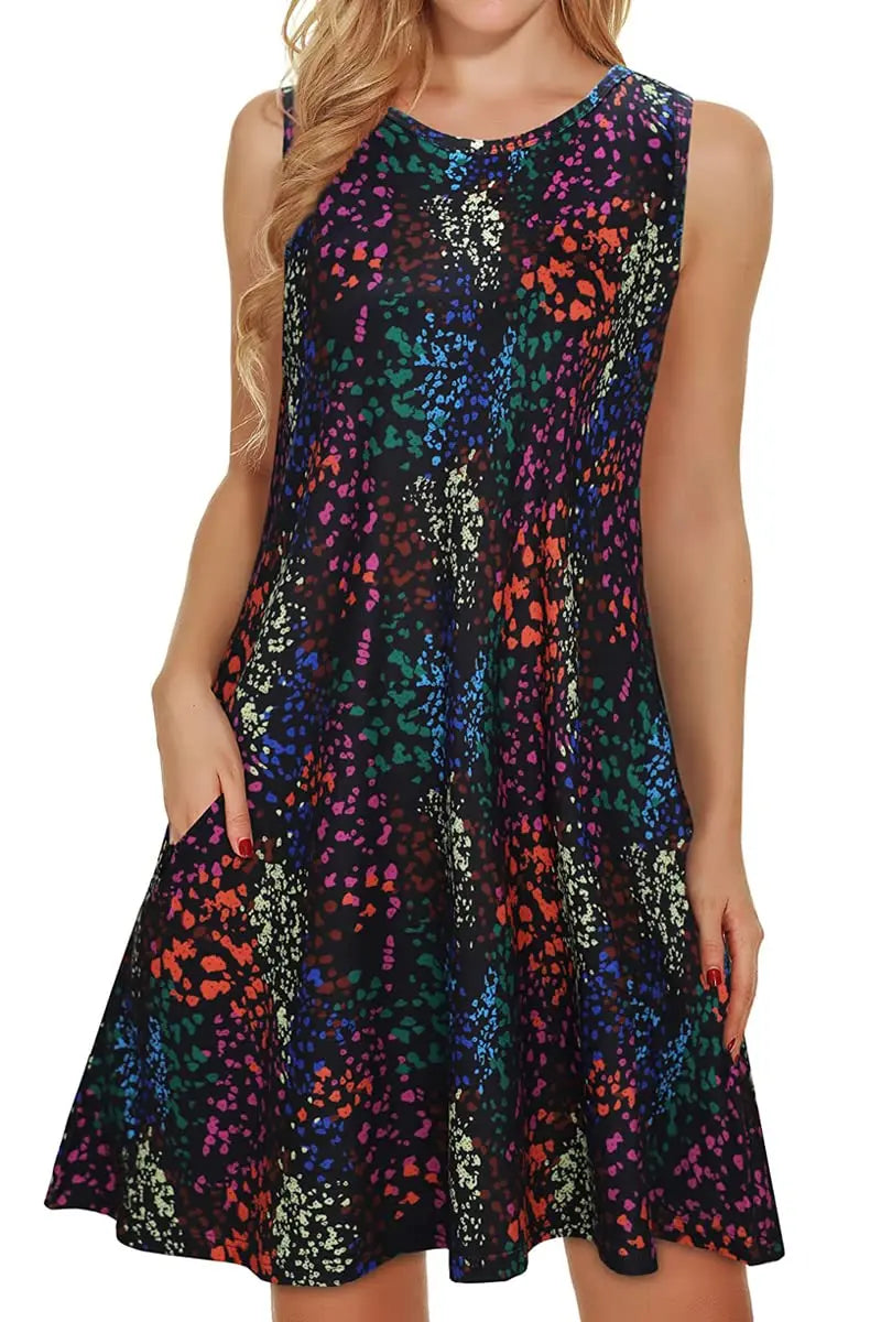 Bohemian Print Casual Sleeveless Women's Round Neck Dress Sweetheart Rustic Country Sleeveless Dress.  S-3X