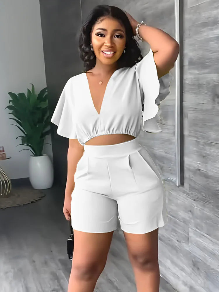 Summer V Neck Short Top And Shorts Set Set, Solid Colour Fashion Short Sleeved Casual Set