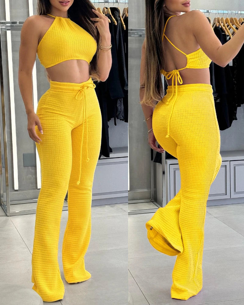 2025 Spring 2 Piece Waffle Knit Halter Backless Crop Top & High-Waisted Drawstring Wide Leg Casual Pants Set