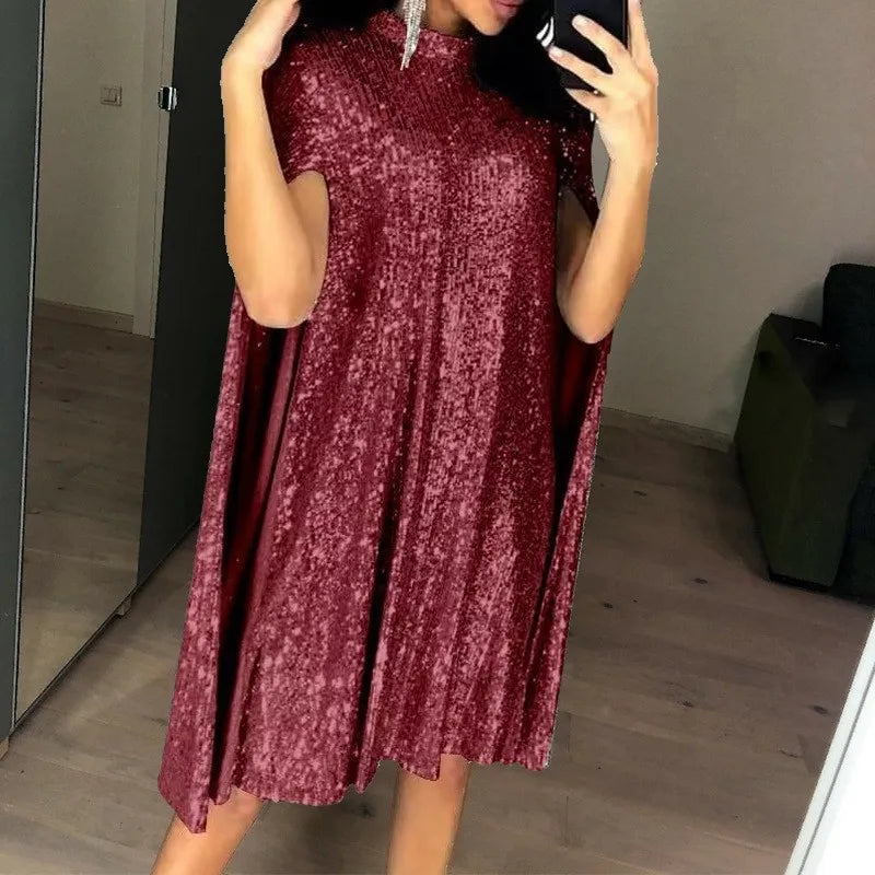 Sexy Party Sequin Glitter Cloak Sleeve Elegant Woman Dress 2025.  S-2X