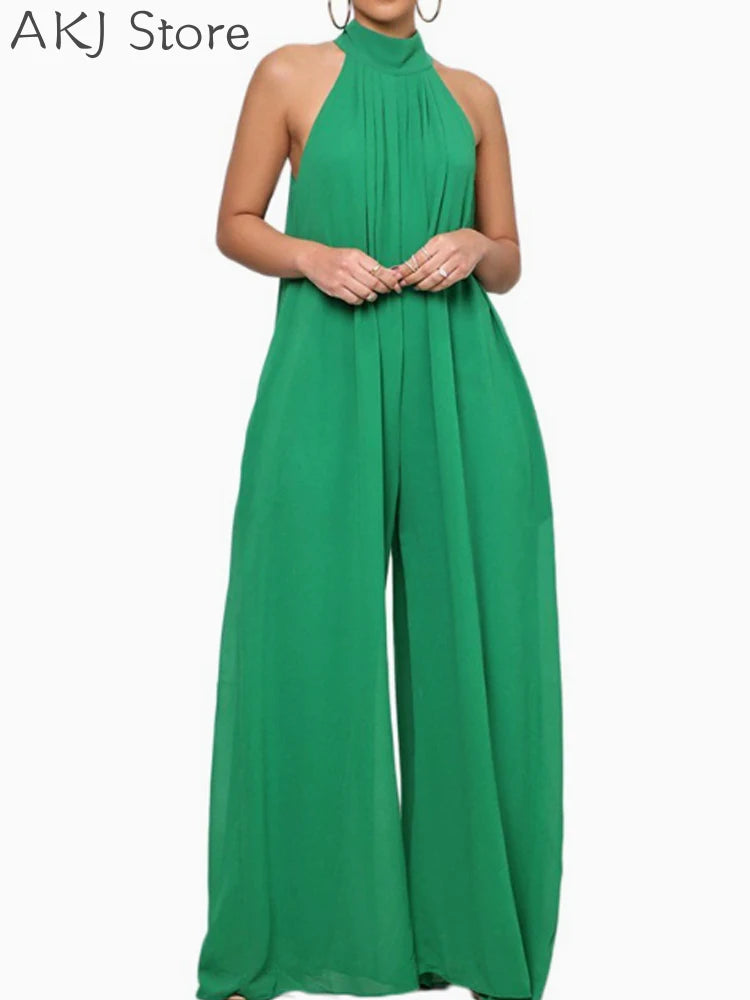 Women High Neck Sleeveless Wide Leg Jumpsuit