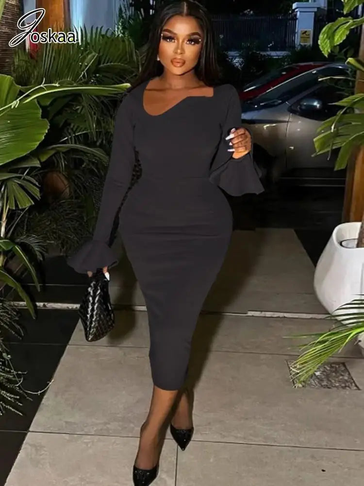 Joskaa Elegant Solid Irregular Collar Flare Sleeve Back Split Bodycon Midi Dress for Women 2024 Spring Birthday Party Clubwear