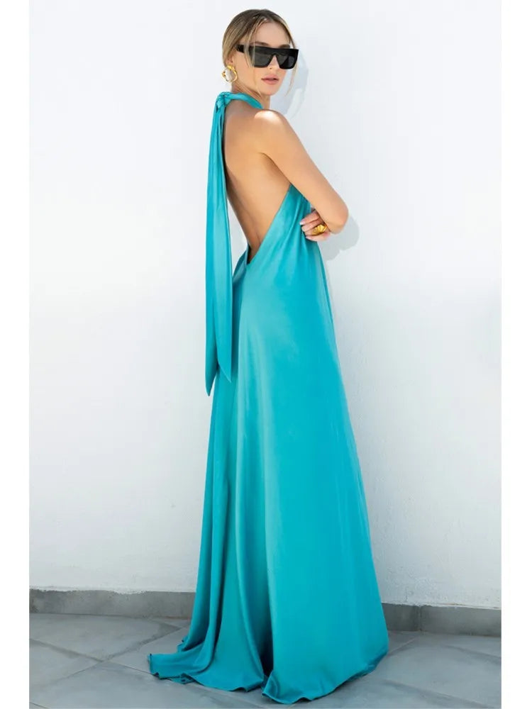 Loose Halter Neck Backless Sexy Satin Evening Dress New Fashion Elegant Dress. S-XL