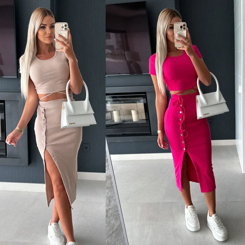 Women's Short Sleeve Shirt And High Waist Skirt Set 2 Pieces Set Fashionable And Stylish Casual Wear