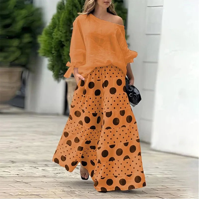 Ladies Spring And Summer Elegant Fashion Print Two-Piece Set Casual Off-Shoulder Long-Sleeve Solid Top.