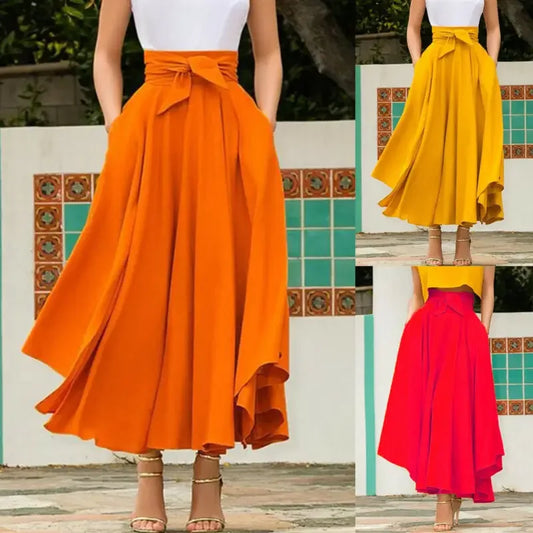 Boho Vintage Women Pleated Maxi Skirts High Waist Bandage Bow knot Ladies Elegant Pleated Maxi Skirt.  S-2X