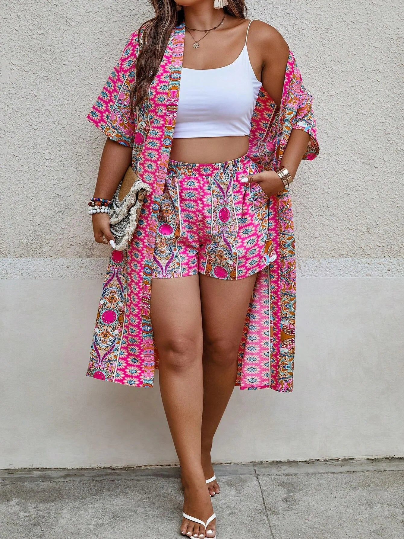 Women's Plus Size Printed Two-piece Set, featuring a bohemian print open front kimono with short sleeves and shorts