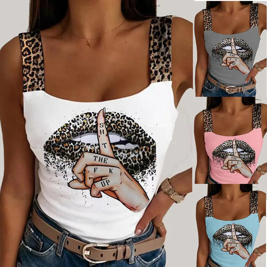 Women's Leopard Lips Print Sleeveless Top. S-3xL