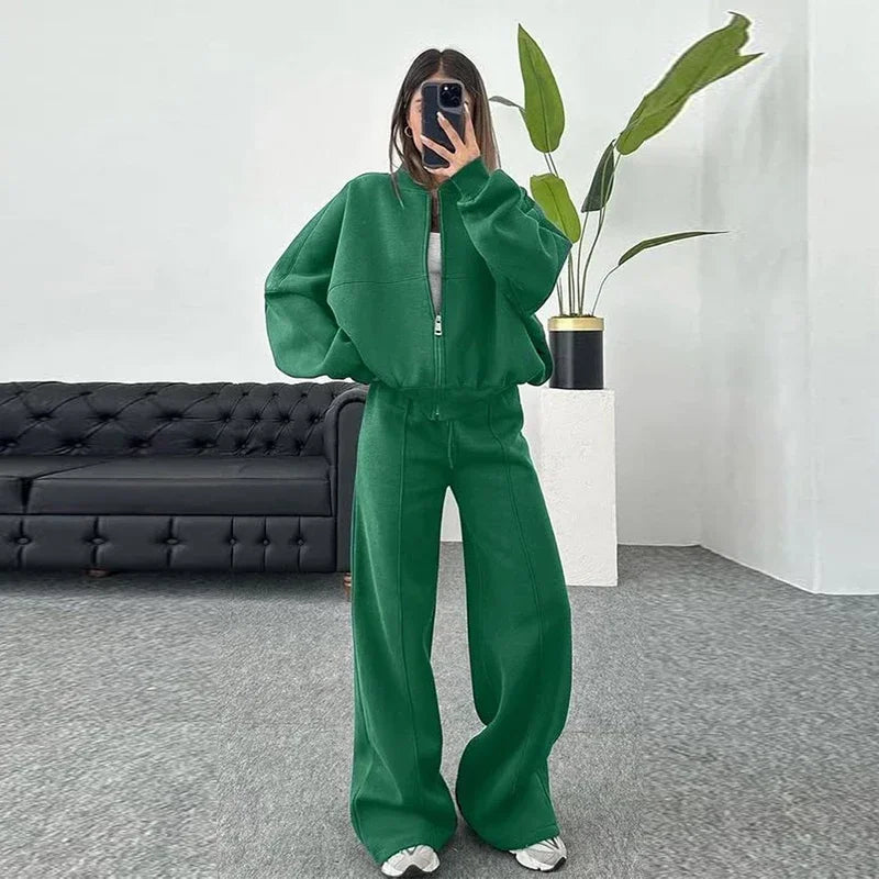 Casual Pants Set Women Spring Autumn Zip Up Jacket Loose Elastic Waist Trousers Suit.