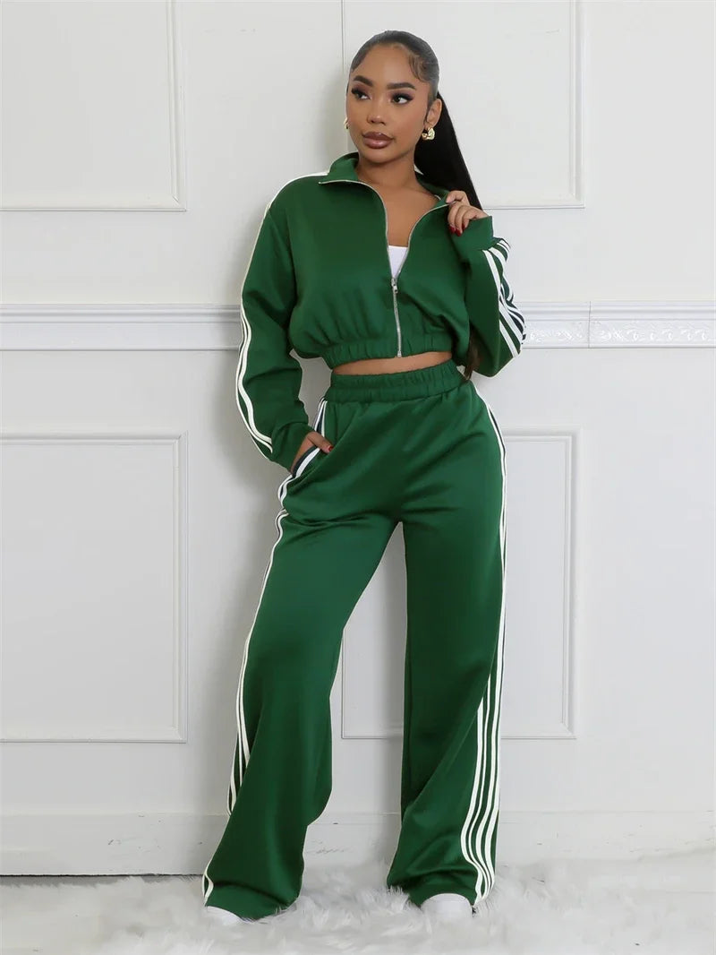 Streetwear 2 Piece Sets Women Outfit Side Striped Crop jacket and Pant Set Casual Sweatsuit.  S-2X