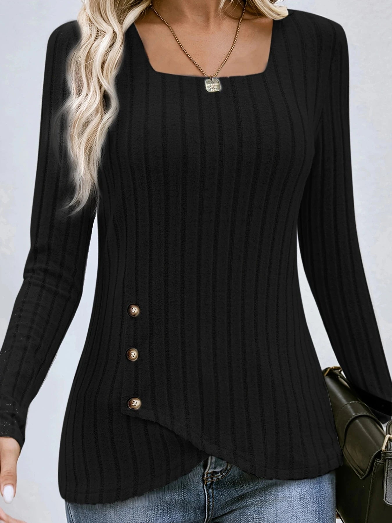 Square Neck Solid Ribbed Button Decor Top, Casual Long Sleeve Top. S-xxL