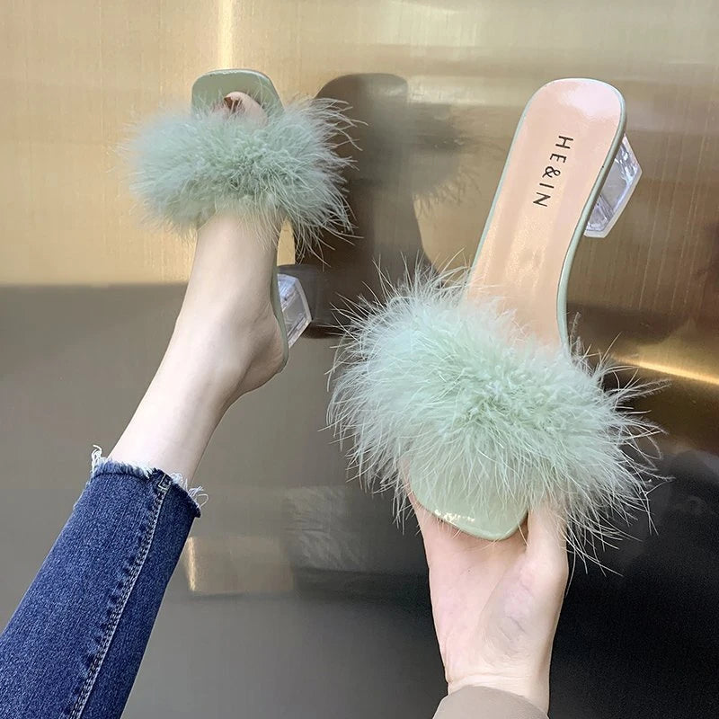 Fashion Women's Summer New Open Toe Plush Faux Fur Chunky Heel  Square Toe Sandal
