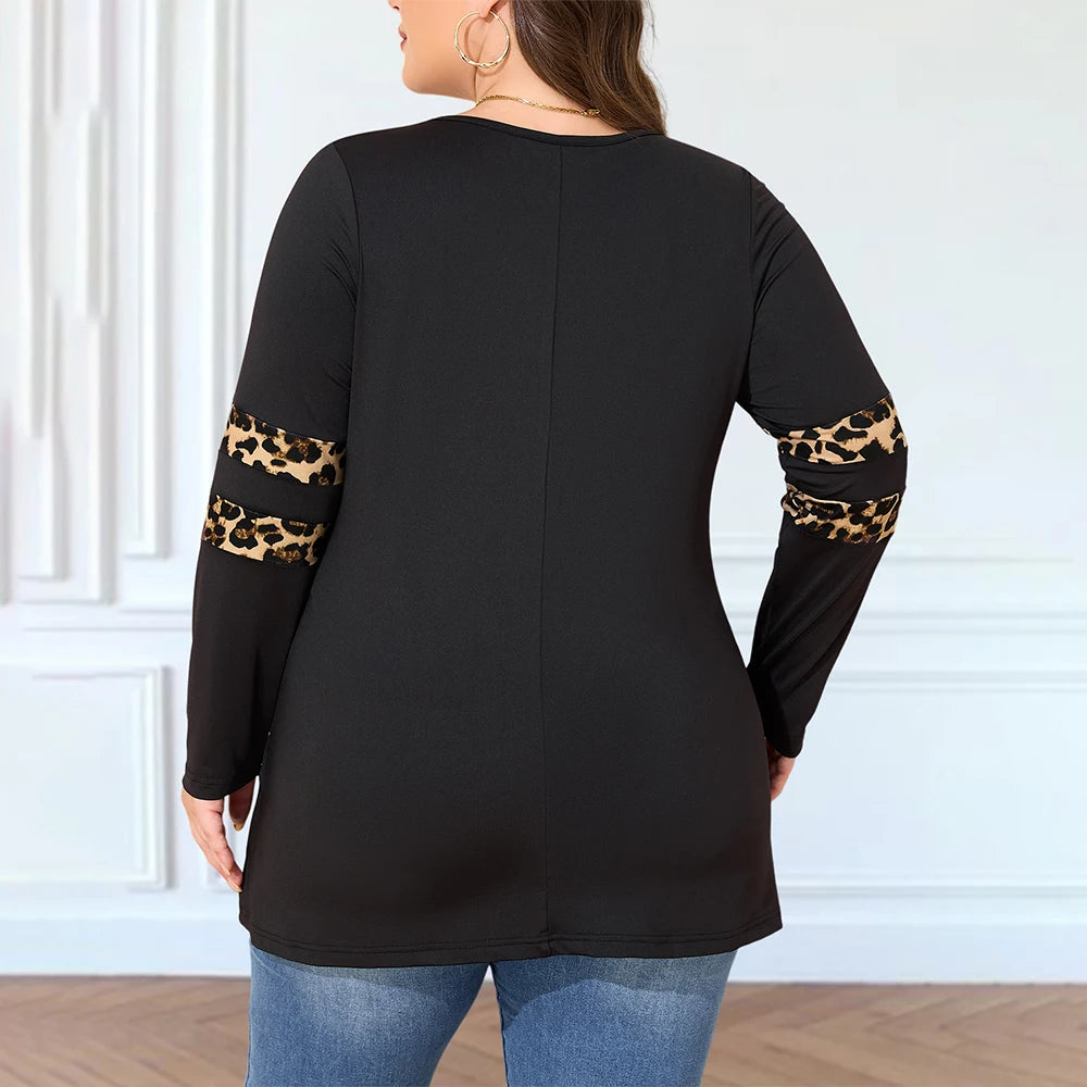 Plus Size Women's Leopard Long Sleeve Top Casual Loose And Comfortable
