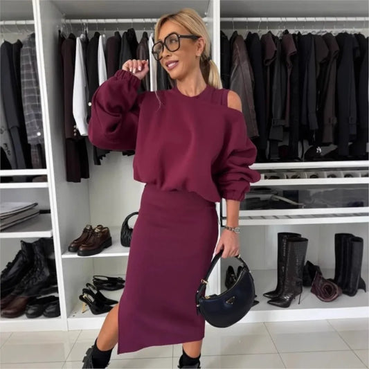 New Dress With Sweatshirt Two Piece Sets Women Fashion Solid Lantern Sleeve Pullover Top Outfit Tank Dress .  S-XL