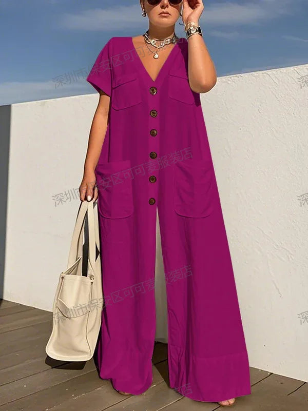 New Summer V-neck Single-breasted Women's Jumpsuits Fashion Pocket Elegant Rompers Casual Loose Oversized Women Jumpsuit.  S-2X