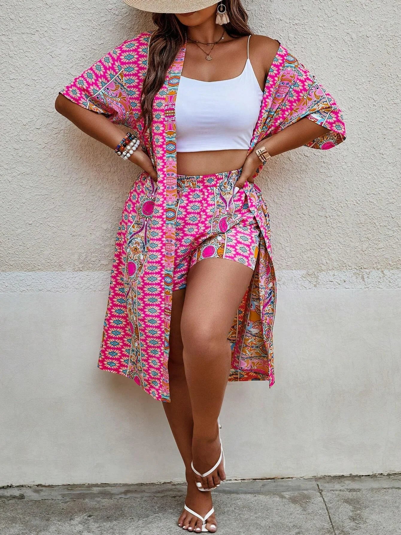 Women's Plus Size Printed Two-piece Set, featuring a bohemian print open front kimono with short sleeves and shorts