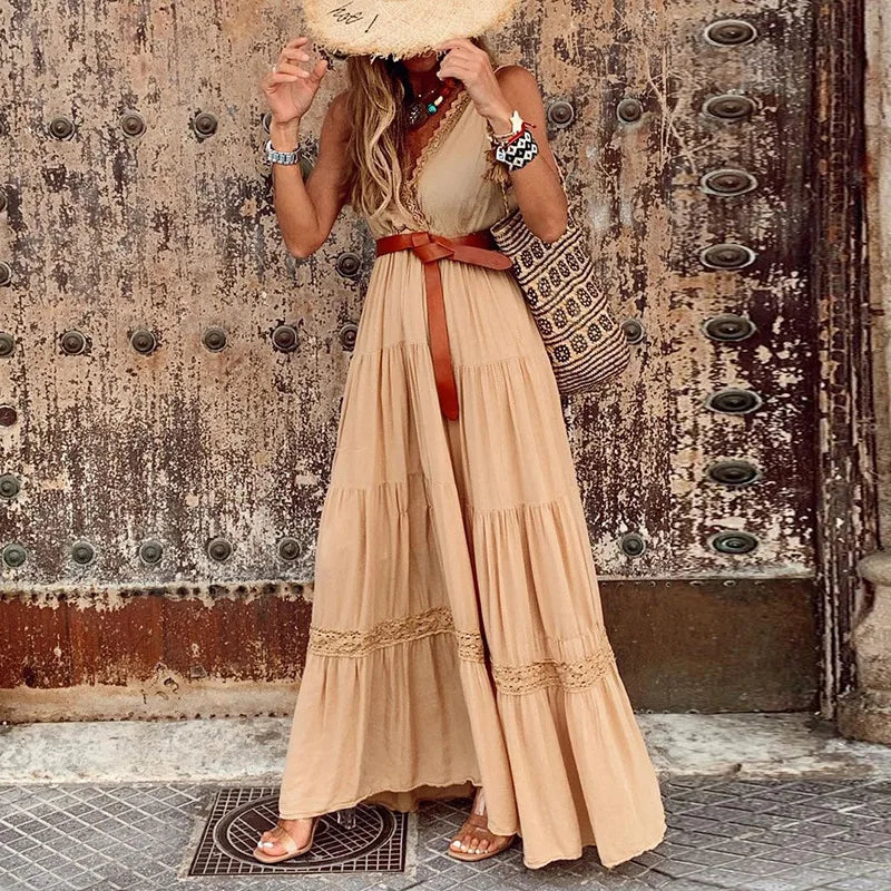 2025 Summer Bohemian Dress Sexy Lace Casual Deep V-Neck Elegant Long Dress Solid Colour Sleeveless Dress.  S-3X