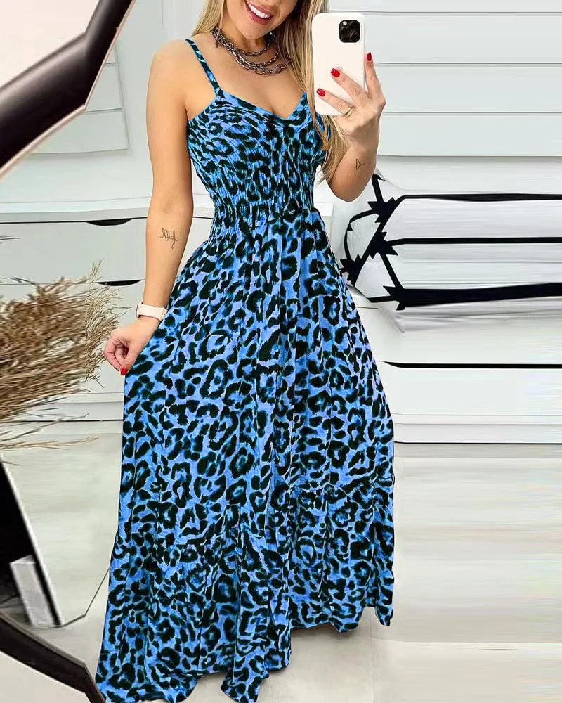 Women's Fashion Leopard Print Sexy Long Sling Summer Dress.   S-3X