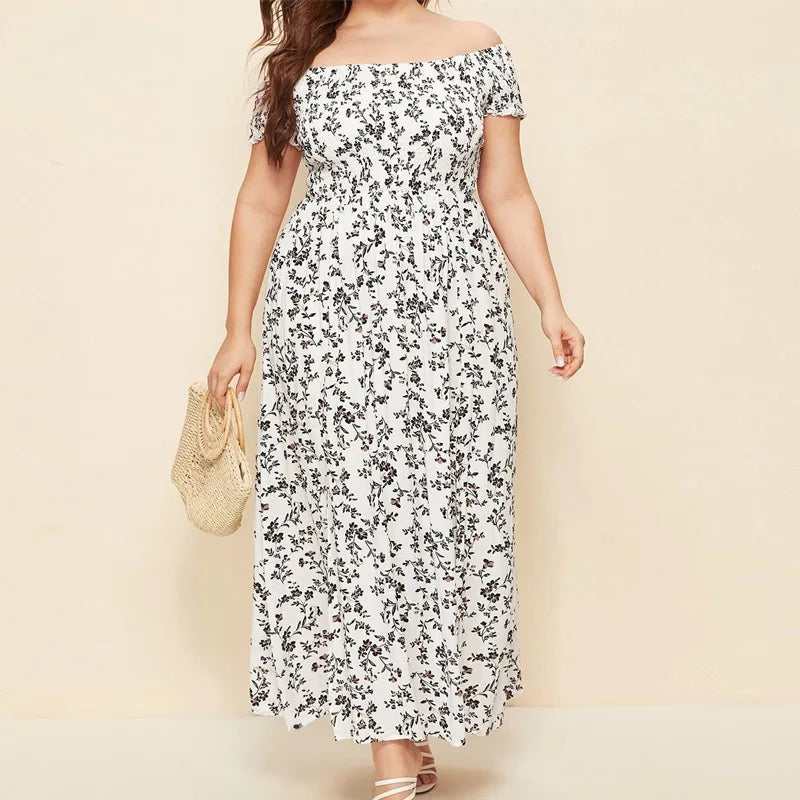 Summer Women's Boho Floral Print Off Shoulder Split Long Dress.