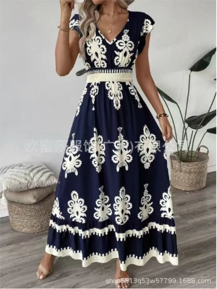 Women's Print Dress Summer Fashion High Waist Slim Body Casual V Neck Swing Elegant Ladies Long Dress.  S-XL