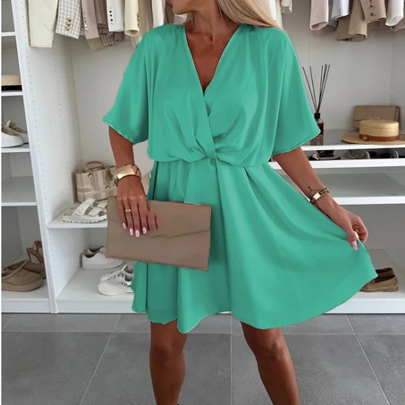 Fashion Dress Solid Color Elegant Lady High Waist Short Sleeve Party Pleated Dress.  S-3X