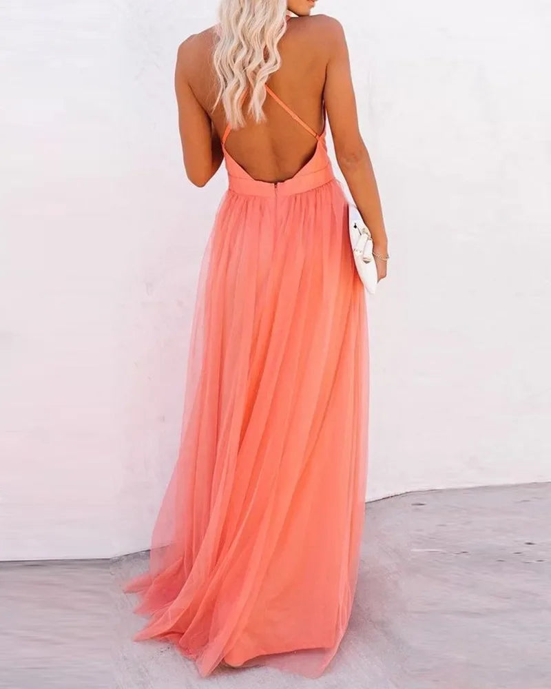 Elegant V-Neck Backless Maxi Dresses for Women Sexy Bridesmaid Wedding Evening Dress Long Slip Dress for Banquet Party.