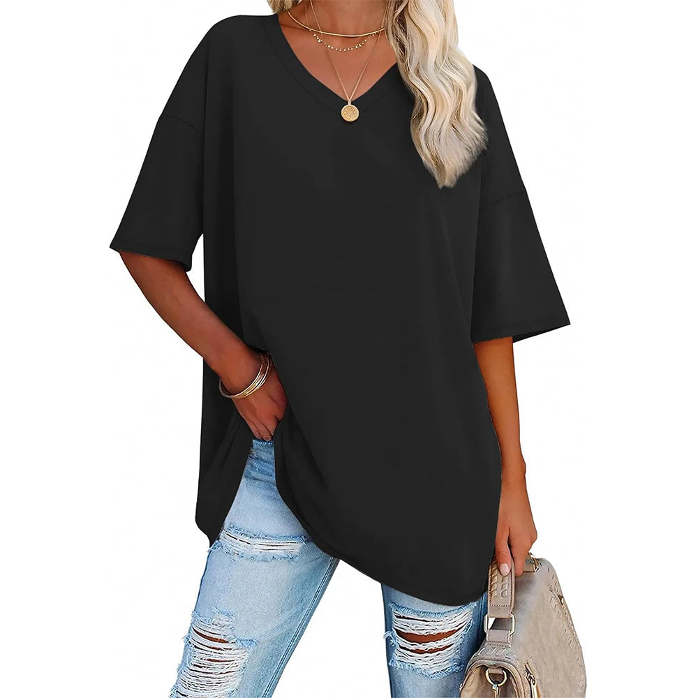 Womens Oversized T Shirts V Neck Tees Half Sleeve Cozy Comfy Tunic 2024 Y2K Tops Casual