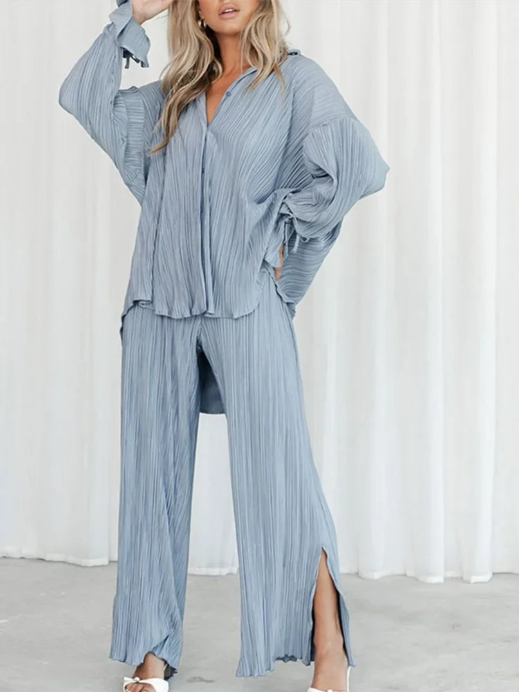 Women Pleated 2 Piece Long Sleeve Blouse And Split Wide Leg Pant Suit.