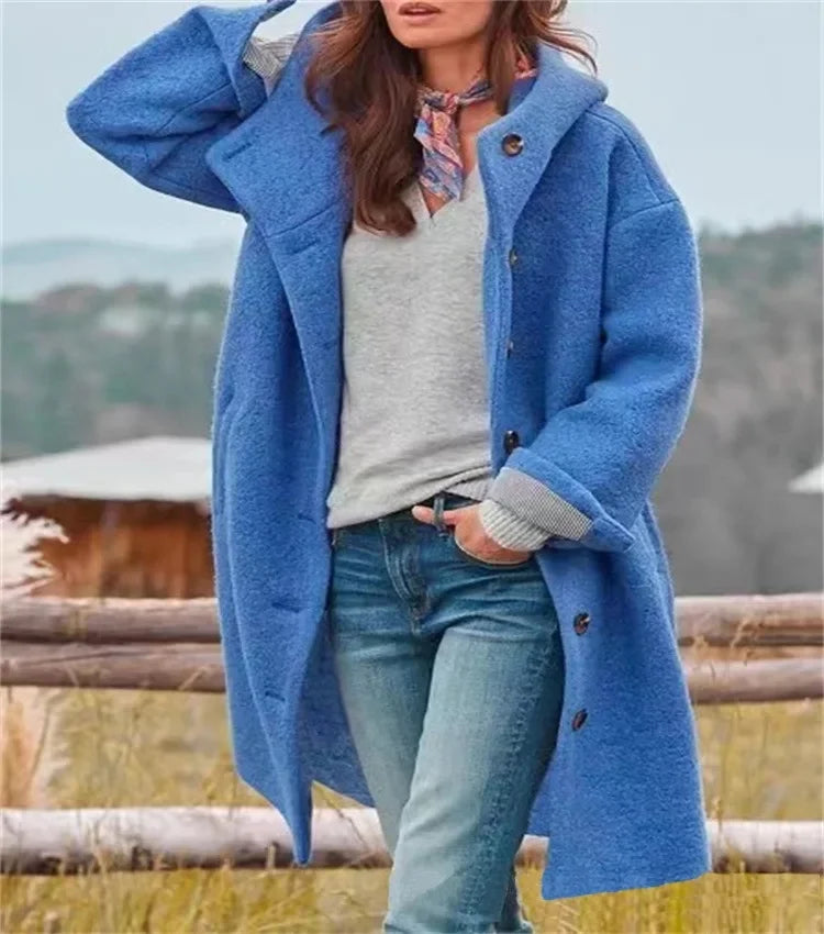 Ladies Retro Style Woolen Coat New Autumn Winter Fashion Outerwear Polyester Fiber Hooded Loose Fit Coat.  S-3X