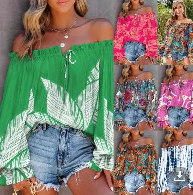 Trendy Print One Shoulder Women Off Shoulder Flared Long Sleeve Blouse.  S-2X