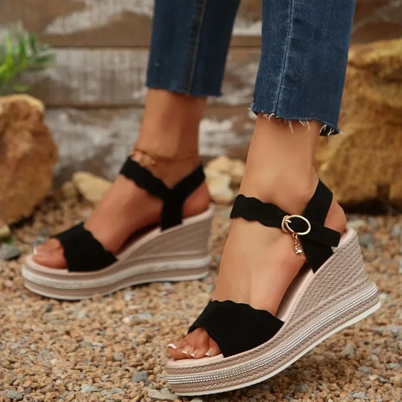 Open Toe Women's Sandals Fashion Floral Buckle Strap Wedges Shoe