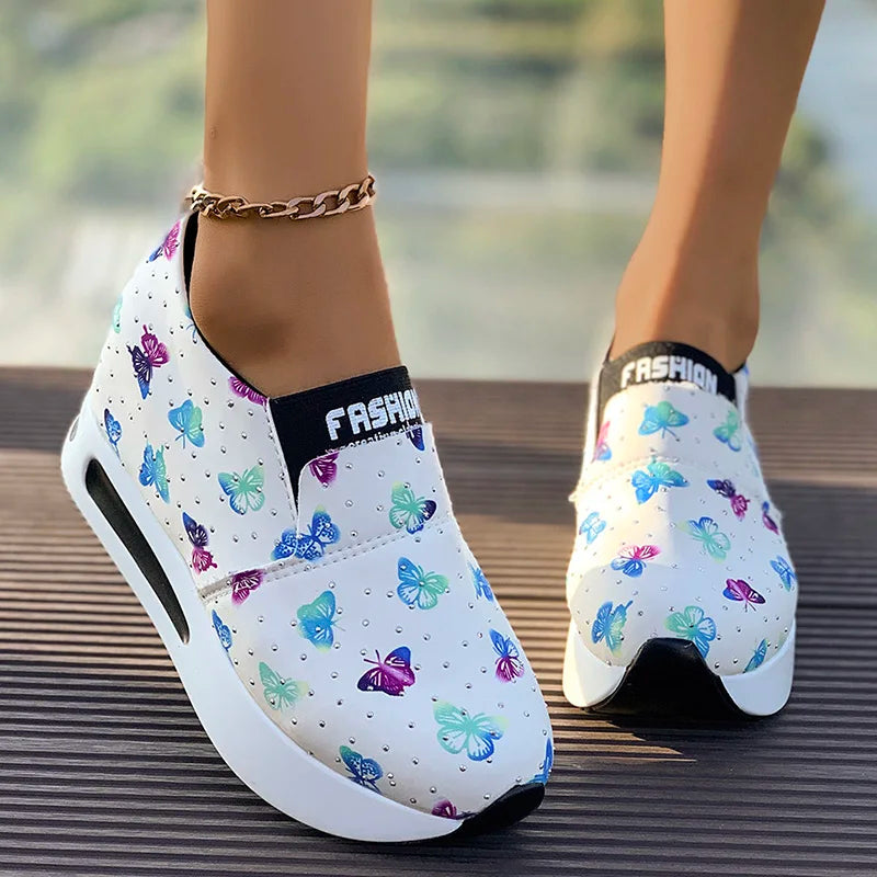Great For Walking Butterfly Print Platform Sneakers Lightweight Slip On Great For Walking Thick Sole Non Slip Casual Shoe