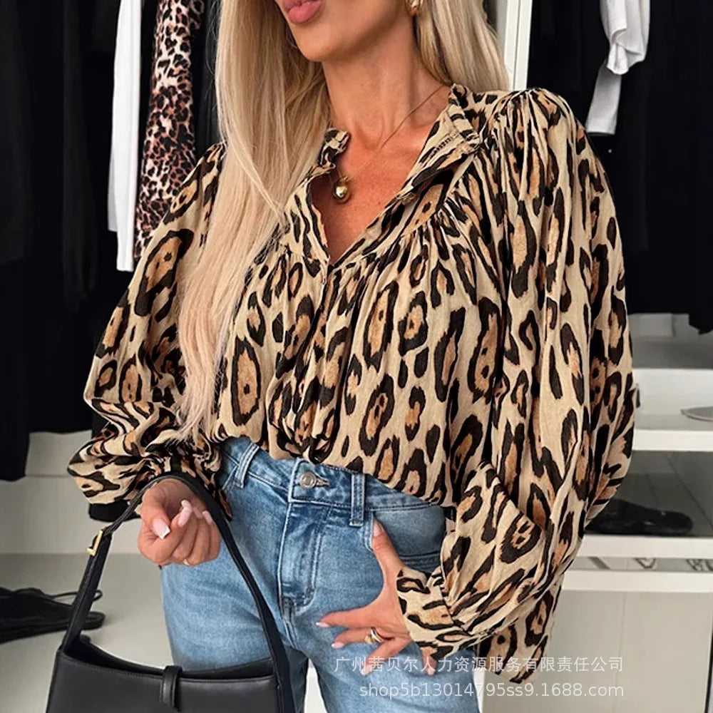 Women Leopard Print Blouse Full Sleeve Casual Loose Elegant Shirt.  S-XL