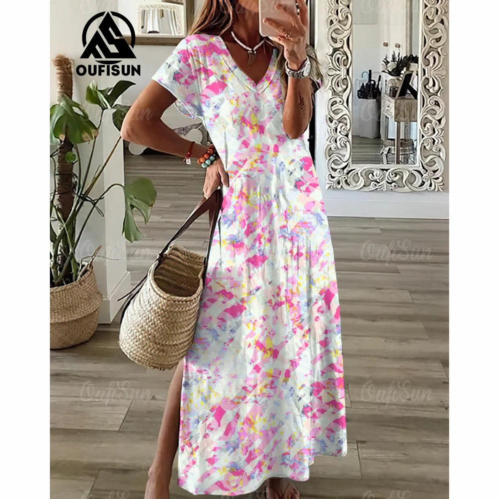 Tie-Dye Long Dress V-Neck Print Dress Loose Fit Women Dress.  S-3X