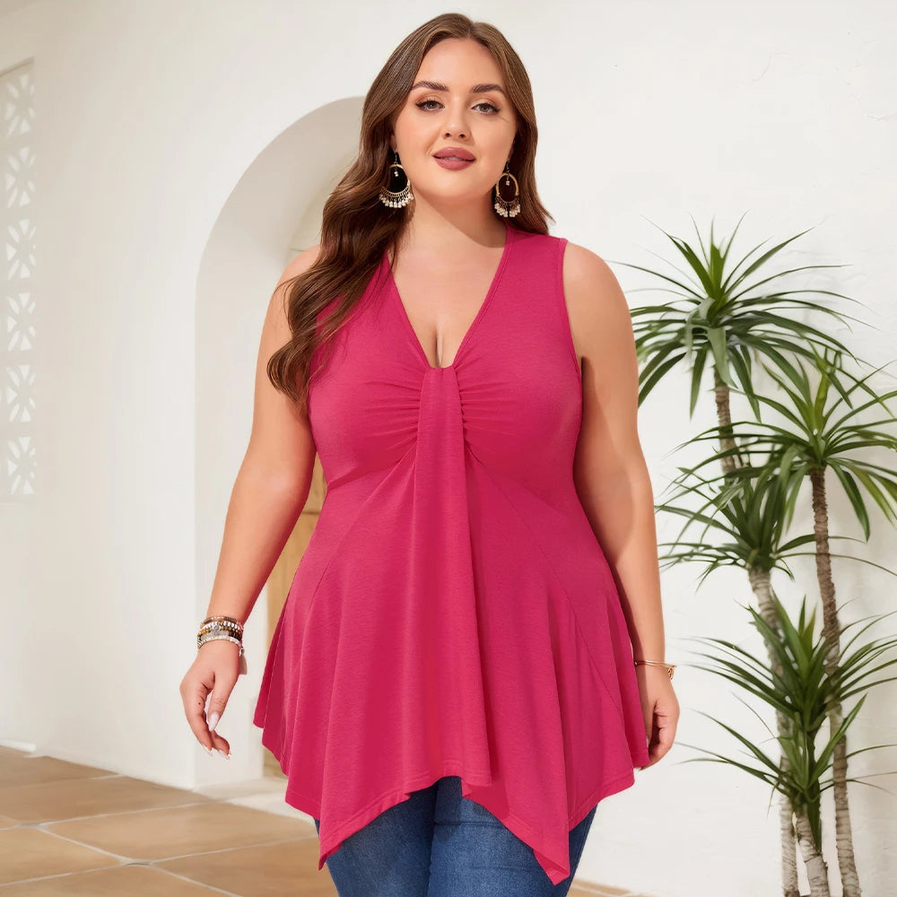 Plus Size Women's Solid V-Neck Tank Pleated Tunic Tops Summer Ladies Top . Size 1XL-6XL
