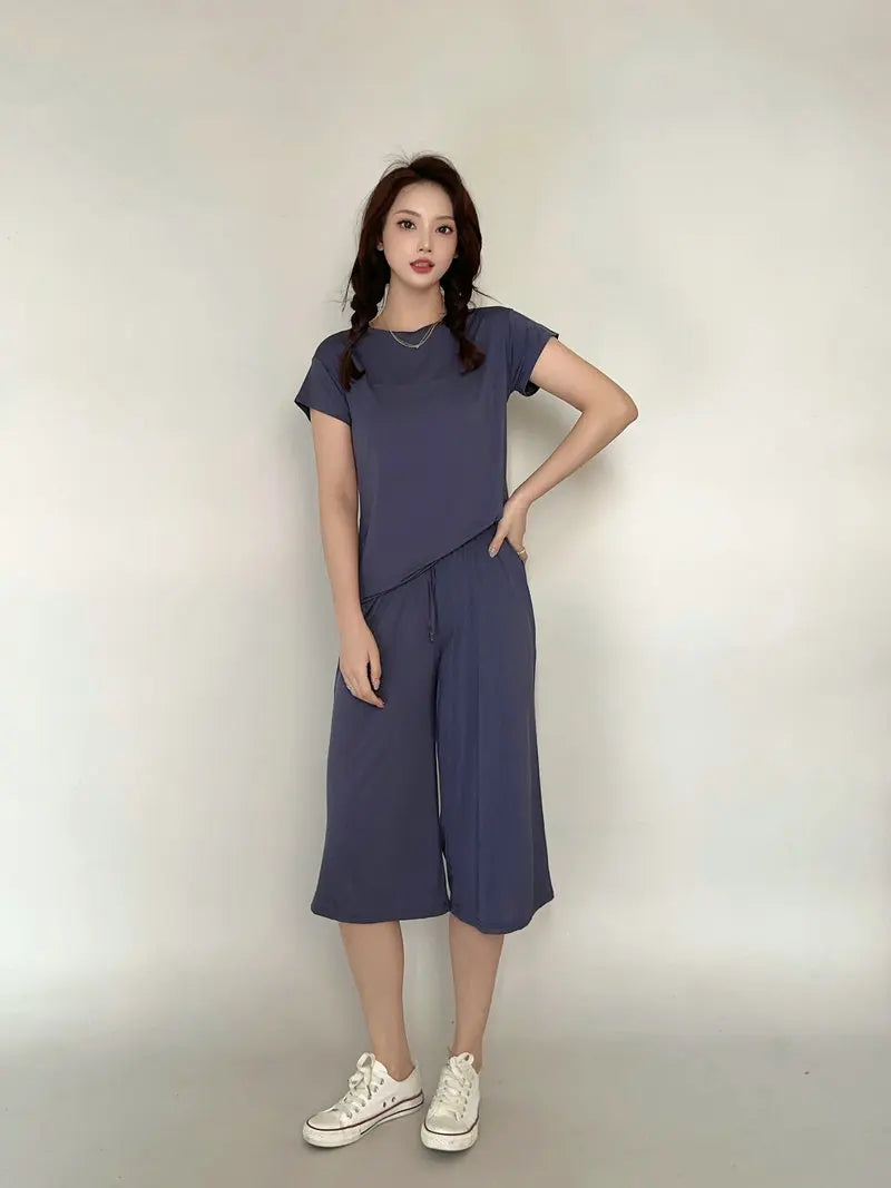 Plus Size Capri Pants Women's Summer Loose Fit Wide Leg Elastic Waist Casual Wear